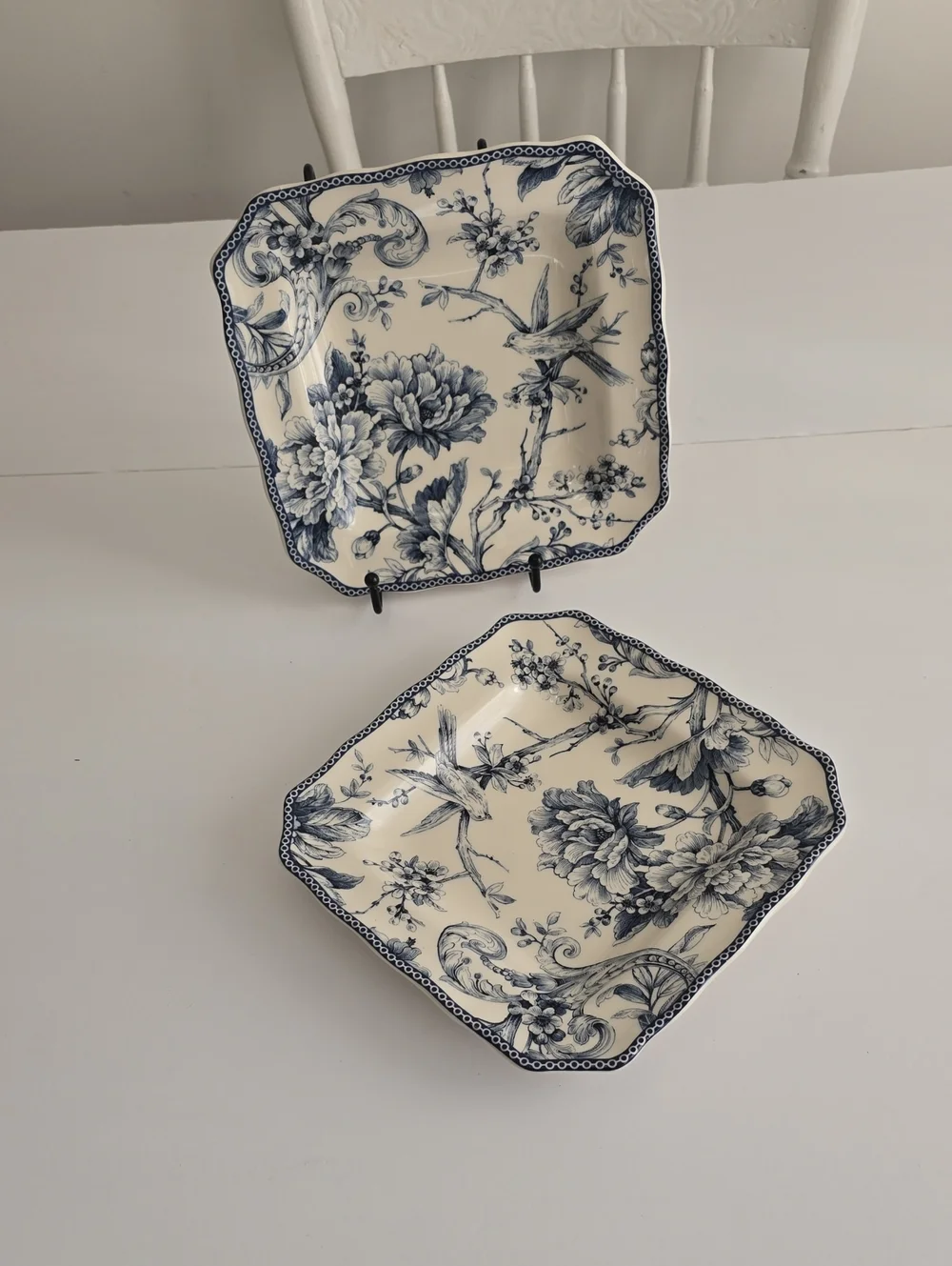 NWOT 222 Fifth Set Of 2 Adelaide Blue Fine China Salad Plates Square Porcelain